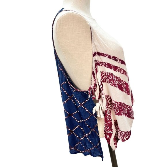 Free People Womens XS Ivory Blue Red Side Tie Tank Top Patriotic - Picture 6 of 10